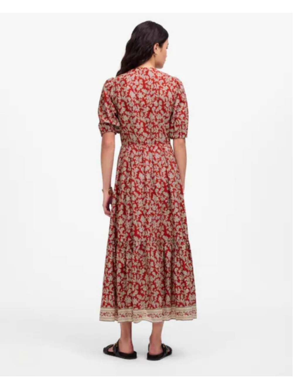 MADEWELL NWT Red Beige Puff Sleeve Floral Print Midi Dress Size 10 - Picture 4 of 9